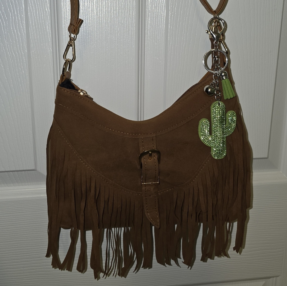 Brown Tassle Faux Sued Purse with Cactus Charm & Mini Cowprint Wallet